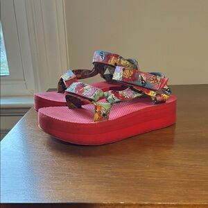 Teva Red Platform Sport Sandals with Multicolor Floral Straps